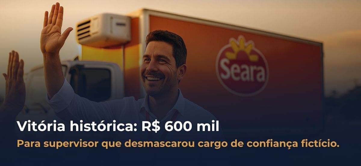 Supervisor de logística da Seara em câmara fria, à frente de caixas da marca, simbolizando vitória judicial de R$ 600 mil por horas extras e estabilidade na CIPA.
