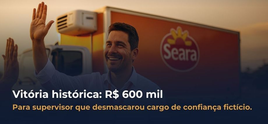Supervisor de logística da Seara em câmara fria, à frente de caixas da marca, simbolizando vitória judicial de R$ 600 mil por horas extras e estabilidade na CIPA.