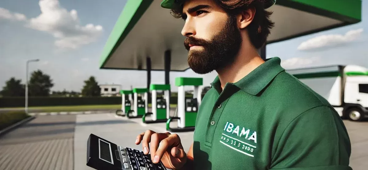 Um agente do IBAMA, vestido com uniforme verde e equipado com equipamentos de fiscalização, utiliza uma calculadora para calcular a Taxa de Controle e Fiscalização Ambiental (TCFA) em um posto de combustível no Brasil. Ao fundo, o posto de combustível é visível com suas bombas de gasolina e estrutura verde, representando a fiscalização ambiental em locais de abastecimento.