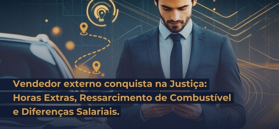 Um vendedor externo em um ambiente corporativo, usando um tablet ao lado de um carro. No fundo, gráficos e ícones de rotas reforçam o conceito de monitoramento de atividades externas e controle de jornada. A imagem transmite um tom profissional e tecnológico.