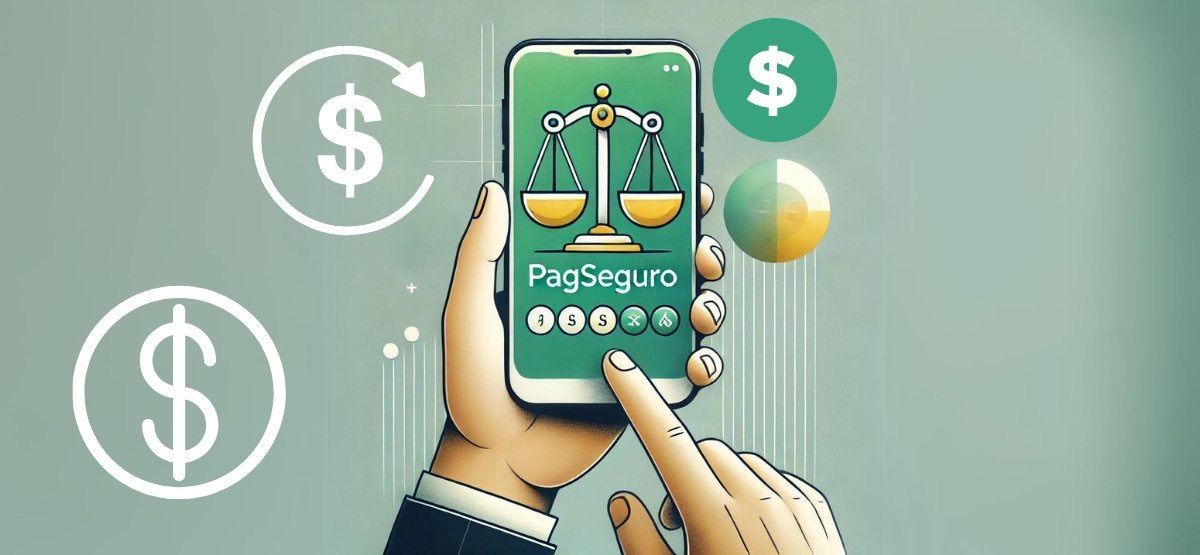 Colaborador utilizando o aplicativo PagSeguro em um celular, simbolizando transações financeiras e direitos trabalhistas reconhecidos.