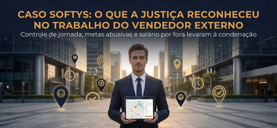 Caso Softys: vendedor externo segurando tablet com GPS e ícones de controle de jornada, representando a decisão judicial sobre horas extras, comissões e salário por fora