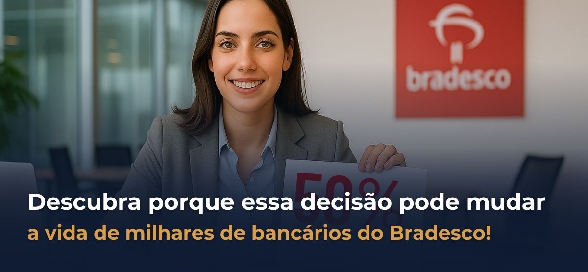 Bancária comemorando vitória judicial contra o Bradesco por discriminação salarial com 50% de verba de representação e PDE.