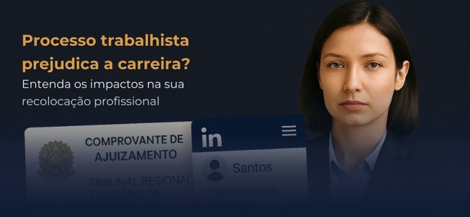 mulher seria em ambiente corporativo segurando documento da Justiça do Trabalho ao lado de um celular com tela do LinkedIn aberta, simbolizando os impactos de um processo trabalhista na carreira profissional.